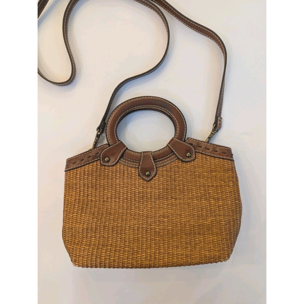Vintage Fossil Woven Straw & Leather Tote Purse Crossbody Strap 10" x 9" BOHO
